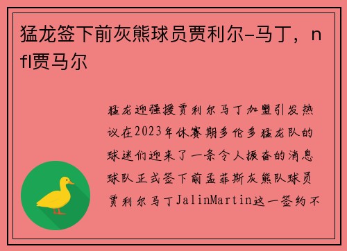 猛龙签下前灰熊球员贾利尔-马丁,nfl贾马尔