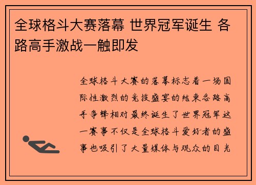 全球格斗大赛落幕 世界冠军诞生 各路高手激战一触即发
