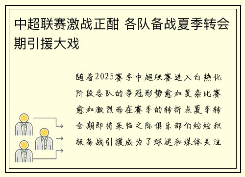 中超联赛激战正酣 各队备战夏季转会期引援大戏